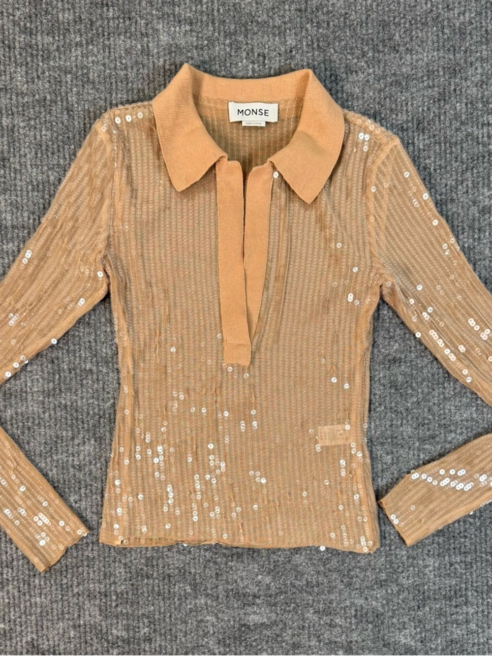 MONSE Mesh Sequin Top Long Sleeve Polo Nude Beige Women’s Size S - Picture 10 of 13